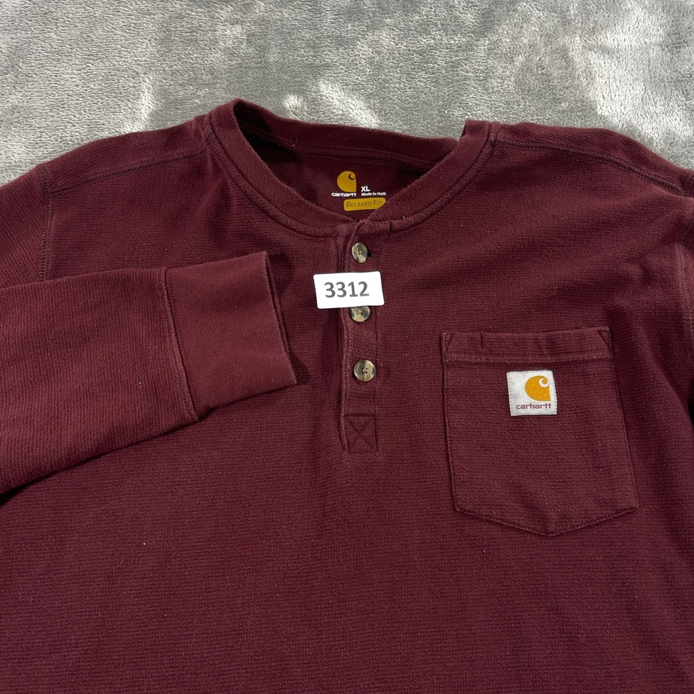 Carhartt Henley Shirt Men XL Burgundy Long Sleeve Relaxed Fit Waffle Knit 103398
